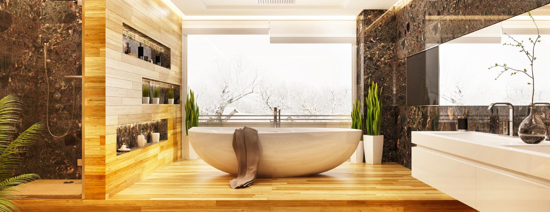 Une salle de bain moderne avec une grande baignoire et un sol en bois